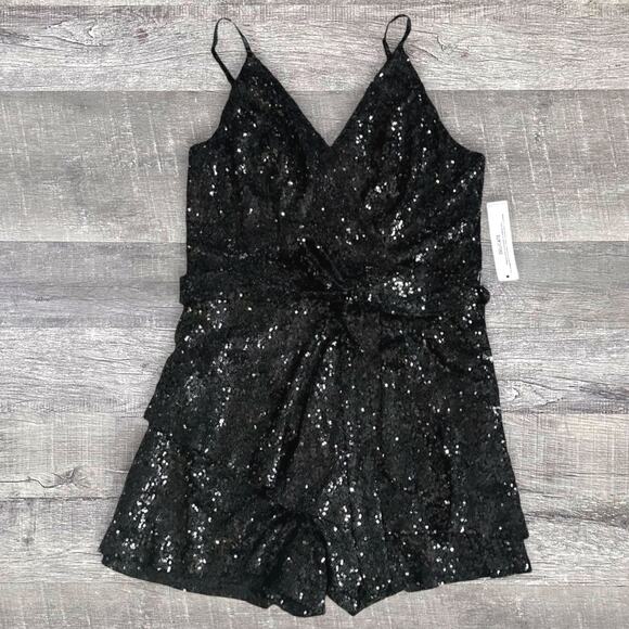 Venus Black Sequin Belted Romper NEW Womens M Surplice V Neck Adjustable Straps - Picture 1 of 7